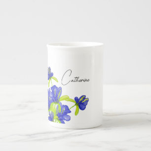 Tasse En Porcelaine Indigo Iris Floral Aquarelle Monogramme