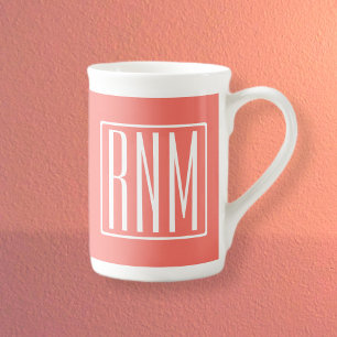 Tasse En Porcelaine Initiales Monogramme Blanc Sur Corail