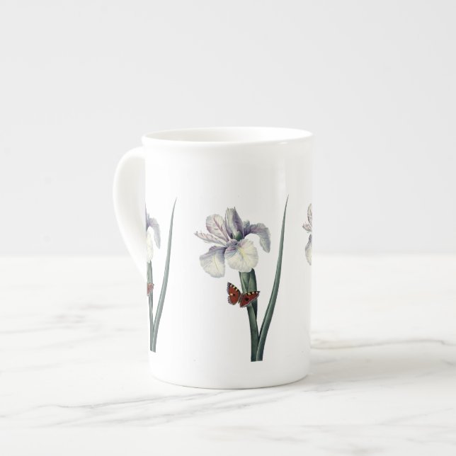 Tasse En Porcelaine Iris bleu avec papillon botanique (Devant gauche)