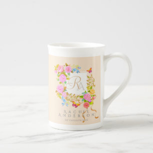 Tasse En Porcelaine Jardin fleuri romantique monogramme beige