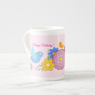 Tasse En Porcelaine Joyeux anniversaire Fleurs sauvages Jardin Oiseaux