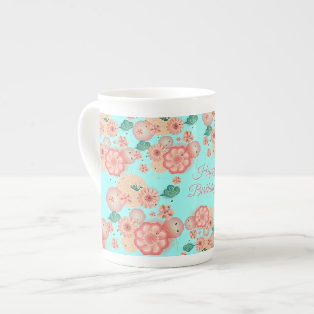 Tasse En Porcelaine Joyeux Anniversaire - Jardin des fleurs de pêche p (Devant gauche)