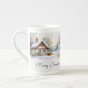 Tasse En Porcelaine Joyeux Cabine de Noël dans un paysage enneigé