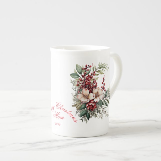 Tasse En Porcelaine Joyeux Noël Maman Blanc Rouge Vert Floral (Devant droit)