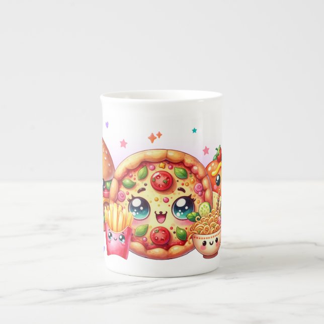 Tasse En Porcelaine Kawaii Happy Food Cute Burger, Pizza & Hotdog (Devant)