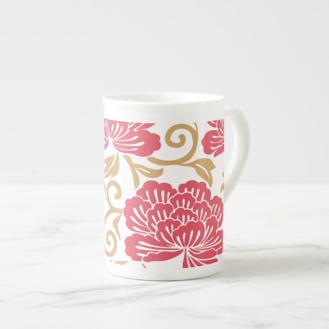 Tasse En Porcelaine Kimono floral japonais en or rouge (Devant droit)