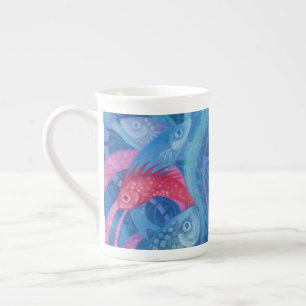 Tasse En Porcelaine Le frai, Poisson, Rose & Bleu, Sous-marin