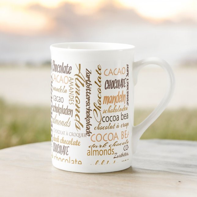 Tasse En Porcelaine Les Amateurs De Chocolat Typographie Multilingue E (word cloud design on both sides of the handle)