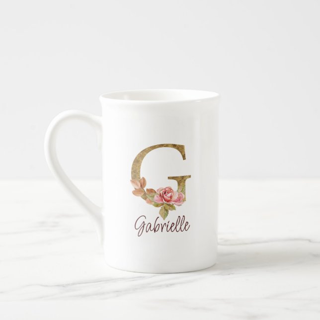 Tasse En Porcelaine Lettre de nom personnalisée G Rose poudré Feuille  (Gauche)