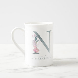 Tasse En Porcelaine LETTRE Florale Aquarelle rose pâle N