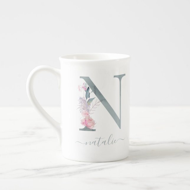 Tasse En Porcelaine LETTRE Florale Aquarelle rose pâle N (Gauche)