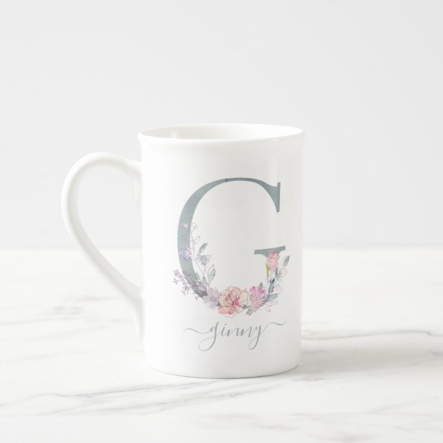 Tasse En Porcelaine LETTRE Florale G Aquarelle rose pâle (Gauche)