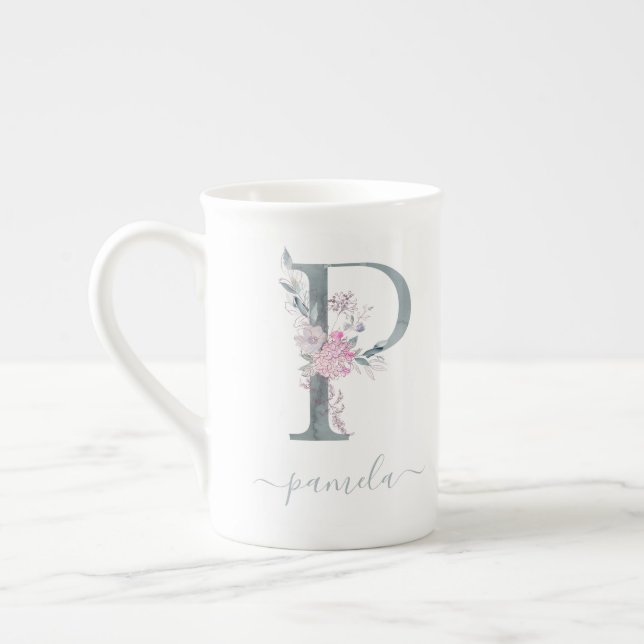 Tasse En Porcelaine LETTRE Florale PLEINE D'AQUATICOLE ROUGE DE MONogr (Gauche)
