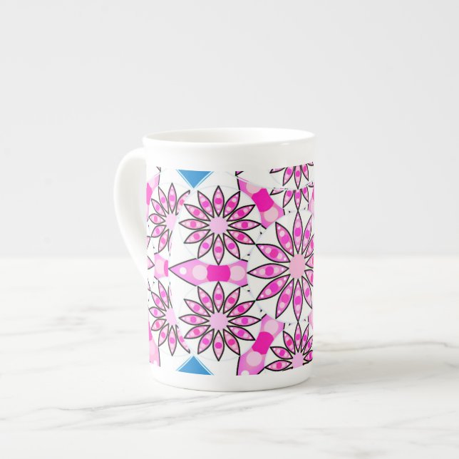 Tasse En Porcelaine Mandala motif, rose chaud, noir et blanc (Devant gauche)