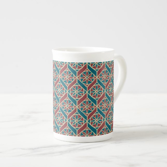 Tasse En Porcelaine Maroon, Motif ethnique Turquoise, Fleurs, Chevrons (Devant droit)