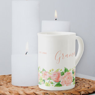 Tasse En Porcelaine Mémé aquarelle floral rose corail