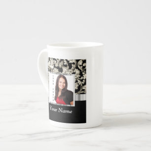 Tasse En Porcelaine Modèle floral noir et blanc de damassé