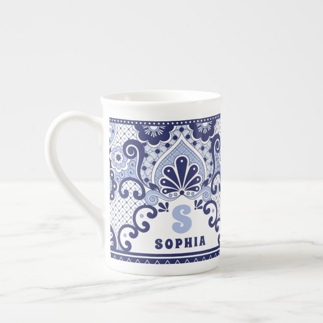 Tasse En Porcelaine Monogramme bleu et blanc Talavera mexicain (Gauche)