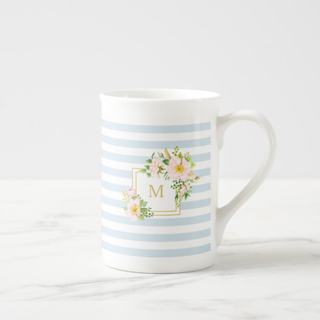 Tasse En Porcelaine Monogramme Floral Chic Pastel Bleu Stripes (Droite)