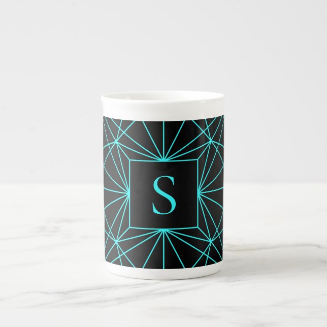 Tasse En Porcelaine Monogramme initial | Design géométrique turquoise (Devant)