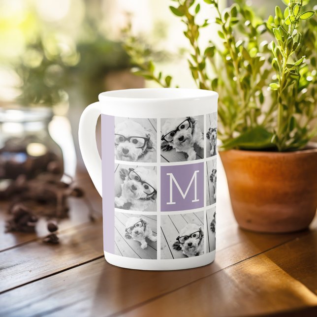 Tasse En Porcelaine Monogramme Lavande avec 8 Grille de Collage Photo (Personalized mug with photos and text, customize completely in the advanced design area)