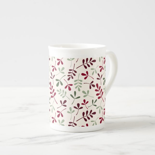Tasse En Porcelaine Motif Feuille assisté Reds & Greens sur Crème (Devant droit)