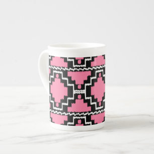 Tasse En Porcelaine Motif Ikat Aztec - Fuchsia rose, noir et blanc