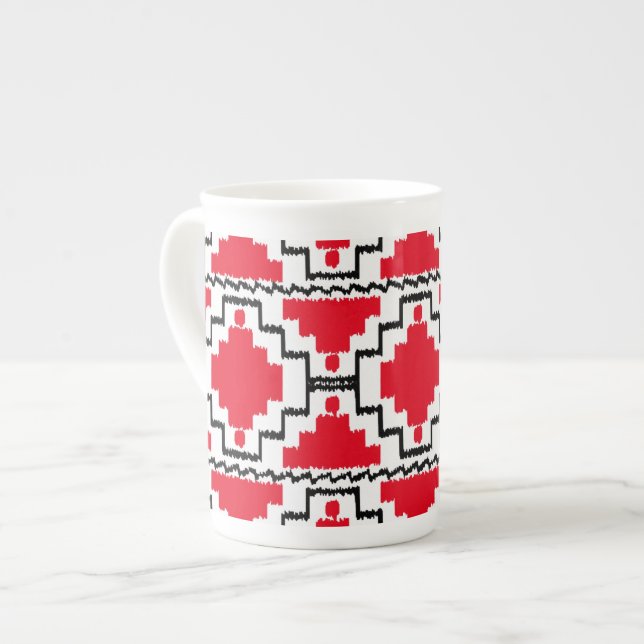 Tasse En Porcelaine Motif Ikat Aztec - Rouge, Noir et Blanc (Devant gauche)