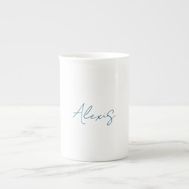 Tasse En Porcelaine Name Calligraphy Script Plain Simple White Blue (Devant)