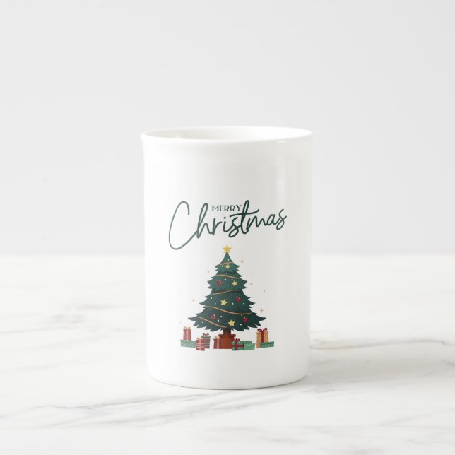 Tasse En Porcelaine Noël Jaune Vert Isolé (Devant)