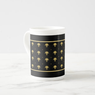 Tasse En Porcelaine Noir de luxe et motif vintage de damassé d'or