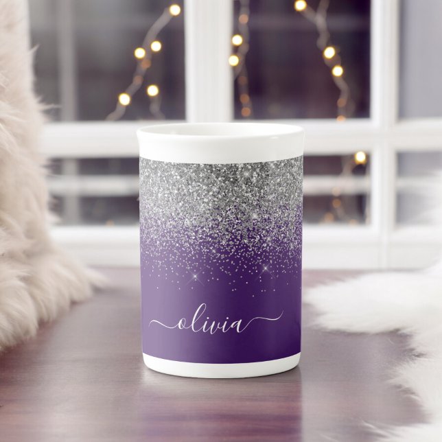 Tasse En Porcelaine Nom de jeune fille pailleté argent violet (Créateur téléchargé)