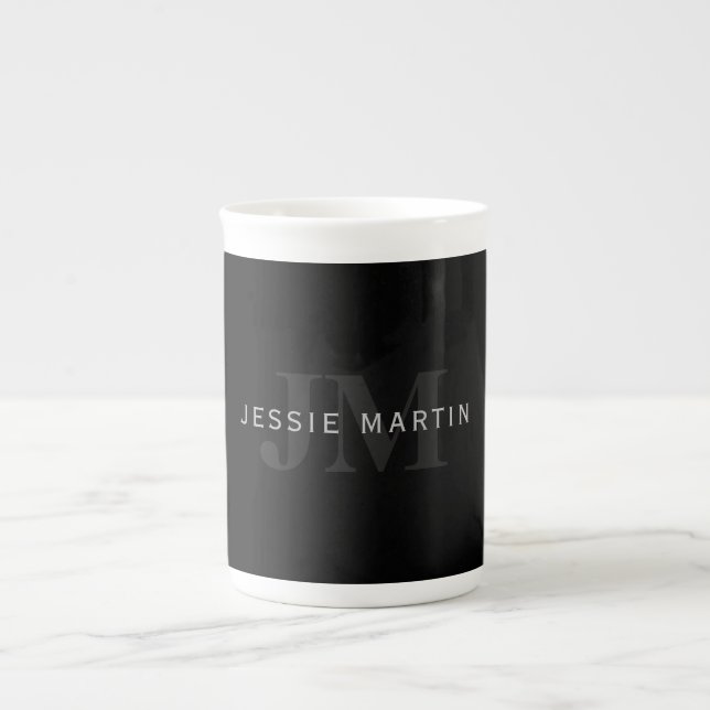 Tasse En Porcelaine Nom et monogramme modernes | Gris et noir (Devant)