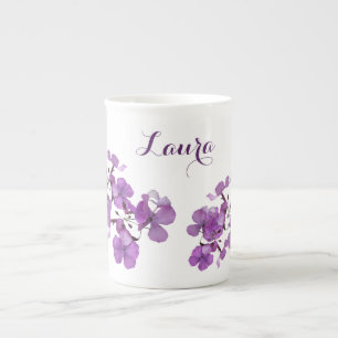 Tasse En Porcelaine Nom Laura personnalisable monogramme violet fleuri