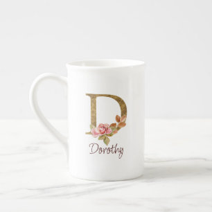 Tasse En Porcelaine Nom personnalisé Blush Roses Rose lettre D en feui