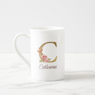 Tasse En Porcelaine Nom personnalisé Or Feuille Rose Blush Lettre C
