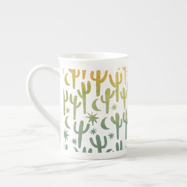 Tasse En Porcelaine Nuit Désert Saguaro Cactus Vert or Aquarelle (Gauche)