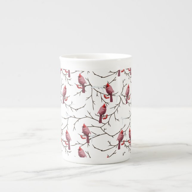 Tasse En Porcelaine Oiseaux cardinaux, cerises d'hiver et Motif de nei (Devant)