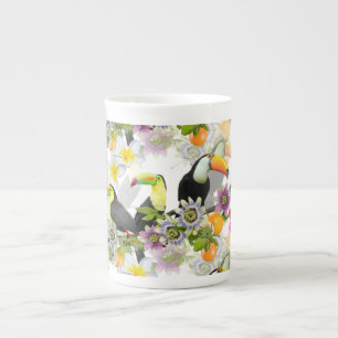 Tasse En Porcelaine Oiseaux Toucans, Fleurs de Passion, Plumeria Tropi