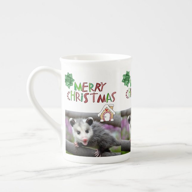 Tasse En Porcelaine Opossum de Noël Joyeux Vert (Gauche)