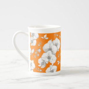 Tasse En Porcelaine Orchidée blanche aquarelle sur orange  
