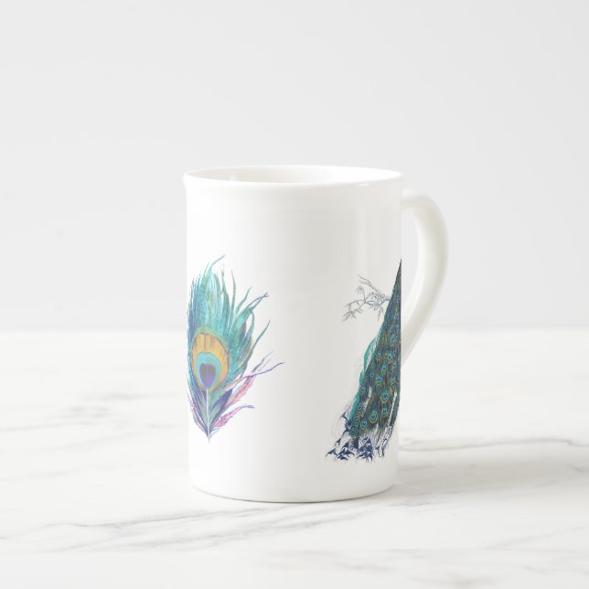 Tasse En Porcelaine Paon bleu avec de belles plumes de queue (Devant droit)