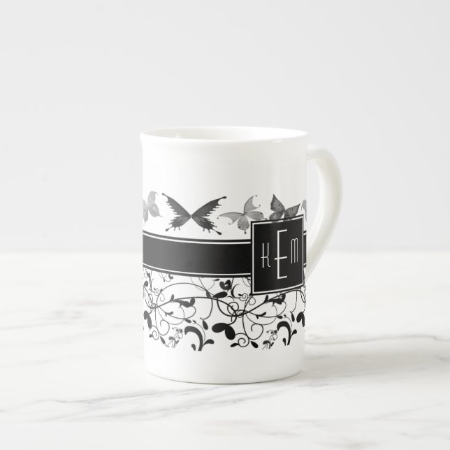 Tasse En Porcelaine Papillon Victorian Flourian noir blanc (Devant droit)