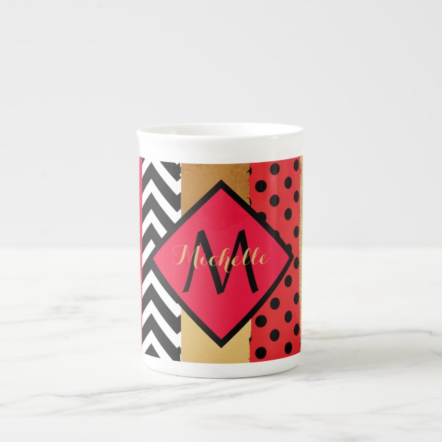 Tasse En Porcelaine Parties scintillant rouge Noir Brush Stroke Monogr (Devant)