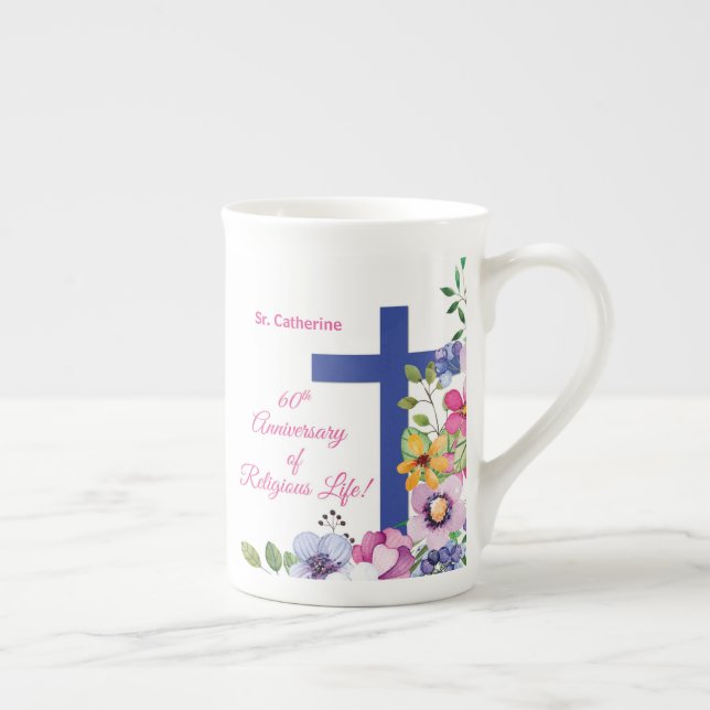 Tasse En Porcelaine Personnaliser, 60e anniversaire Nun vie religieuse (Droite)