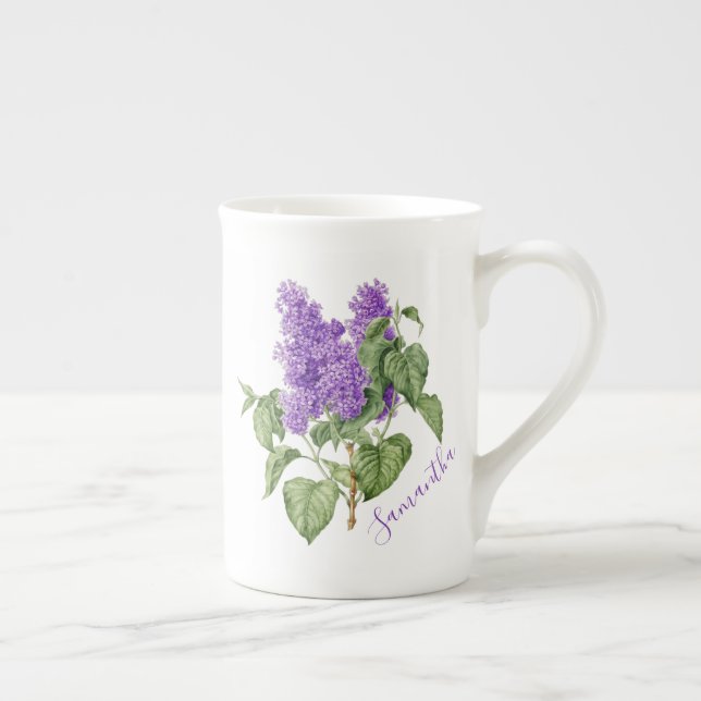 Tasse En Porcelaine Purple Green Lilac Fleur Nom personnalisé Botaniqu (Droite)
