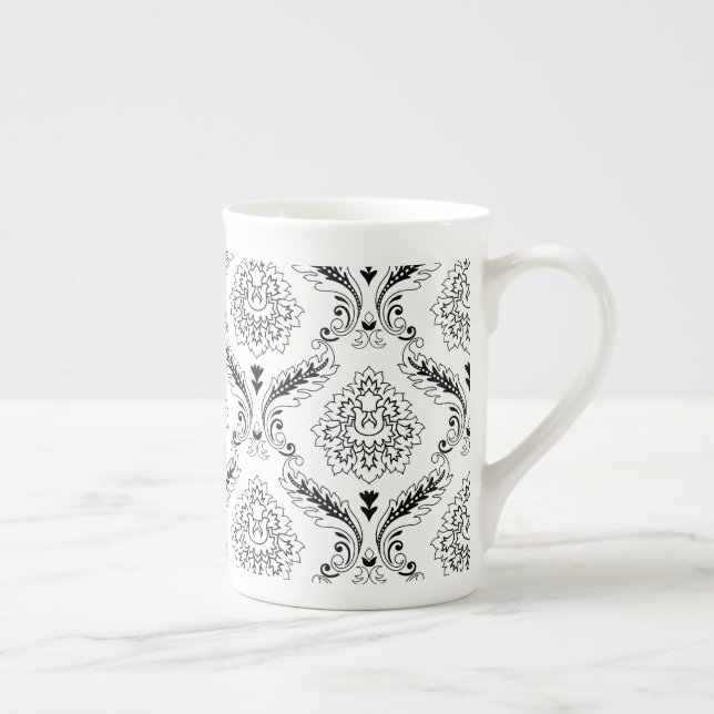 Tasse En Porcelaine Rococo Damask Line Pattern Black on White (Droite)