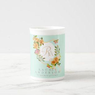 Tasse En Porcelaine Rose d'or Ruban Chic Monogramme Vert