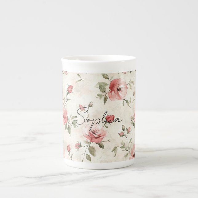 Tasse En Porcelaine Roses Fleurs Rose Pâle Ivoire   (Devant)