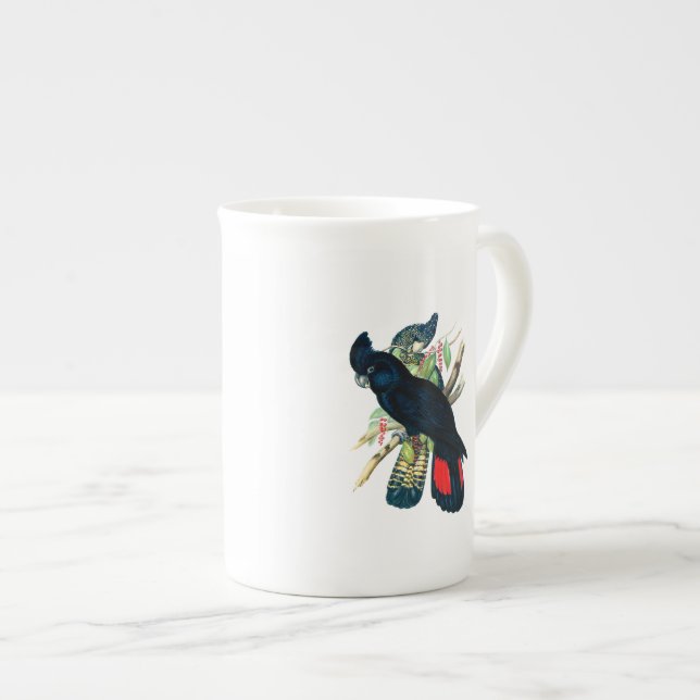 Tasse En Porcelaine Rouge coupé la queue, Cockatoos. noirs (de (Devant droit)